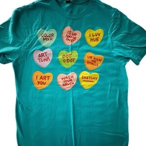Teal T-Shirt with Colorful Heart Graphics